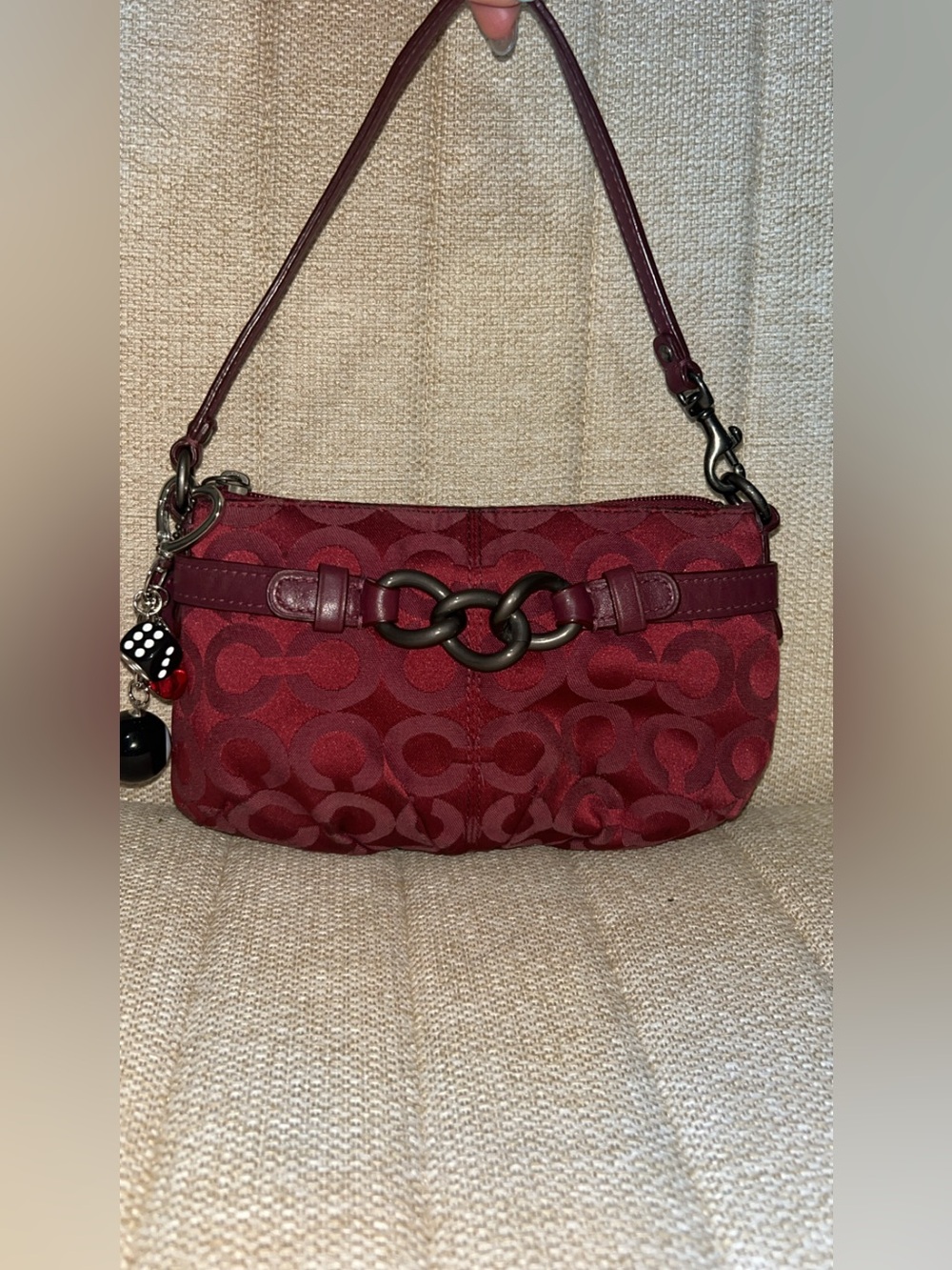 Coach Red Signature Jacquard Shoulder Bag with Ring Detail